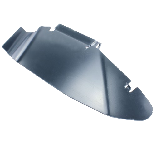 Black molded plastic inner discharge chute component for outdoor power equipment and home improvement tools