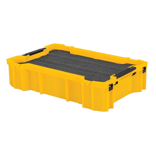 Yellow heavy-duty storage case with black protective foam insert for organizing and safeguarding tools in home improvement projects
