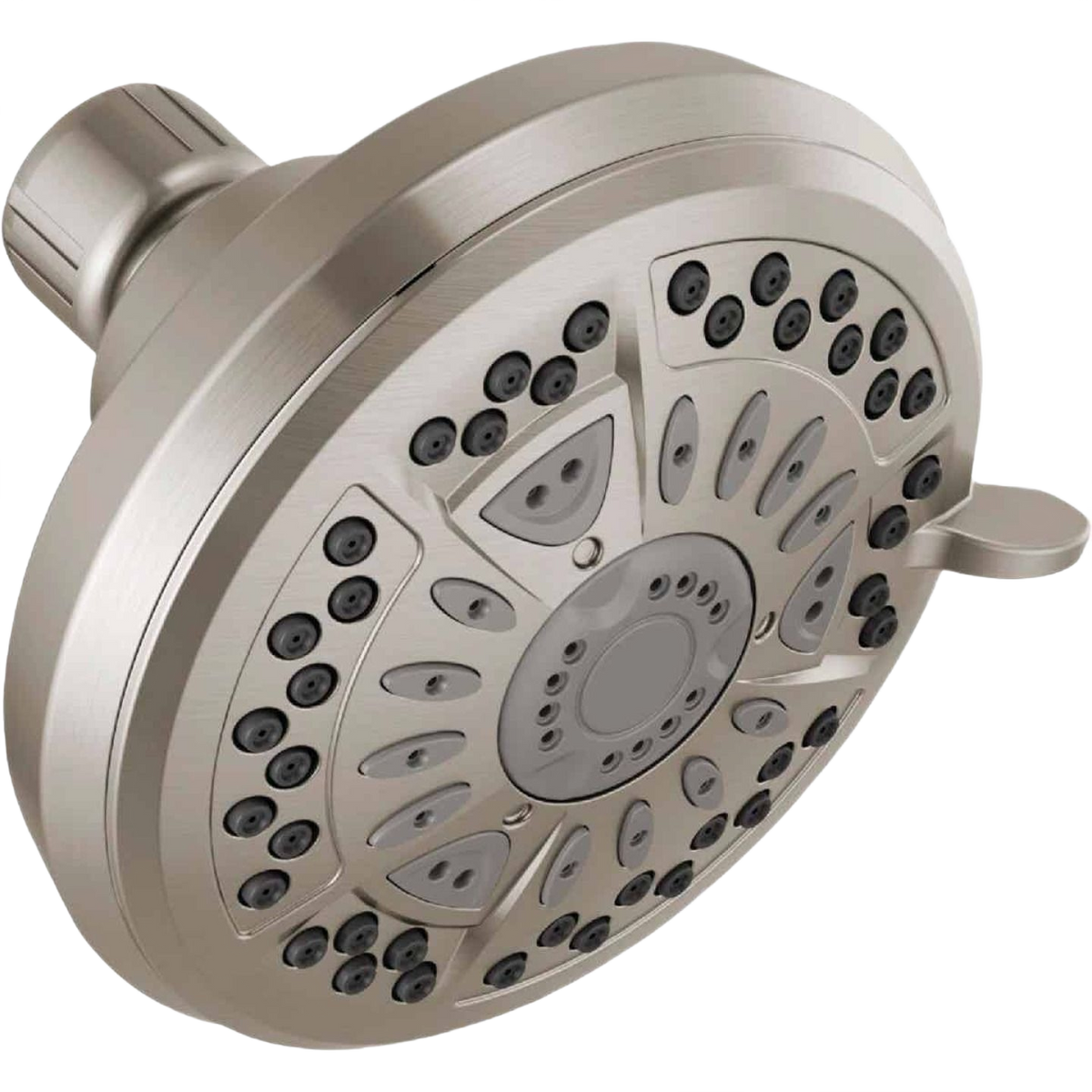 Brushed nickel shower head with multiple spray settings designed for bathroom plumbing and home improvement projects