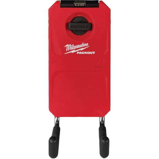 Red Milwaukee PACKOUT modular storage box with black latches and durable hinges for tool organization and workshop storage