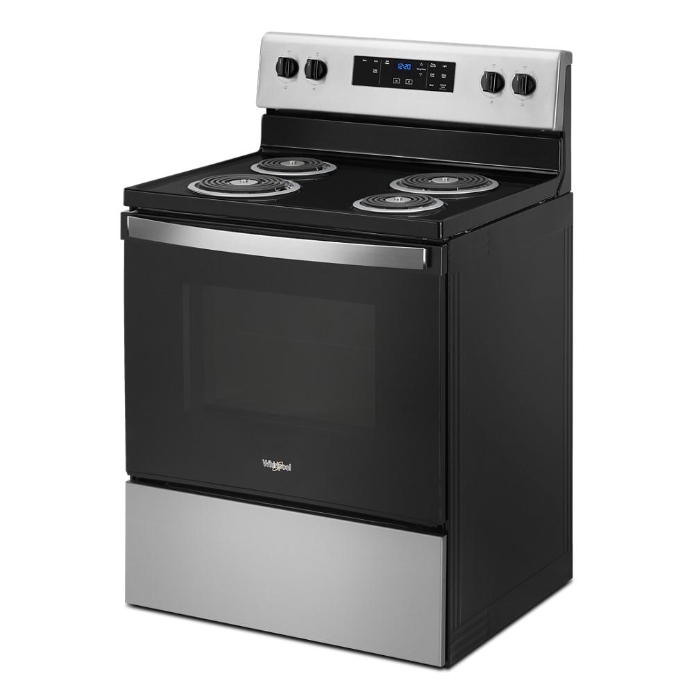 electric range with four coil burners, digital display, and stainless steel finish for kitchen appliances and home improvement