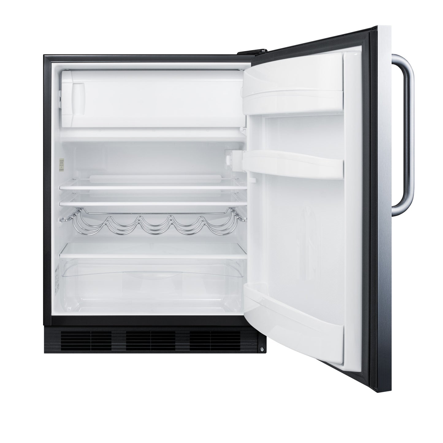 Open undercounter refrigerator-freezer with white interior, wire shelving, and door bins for kitchen and appliance use.