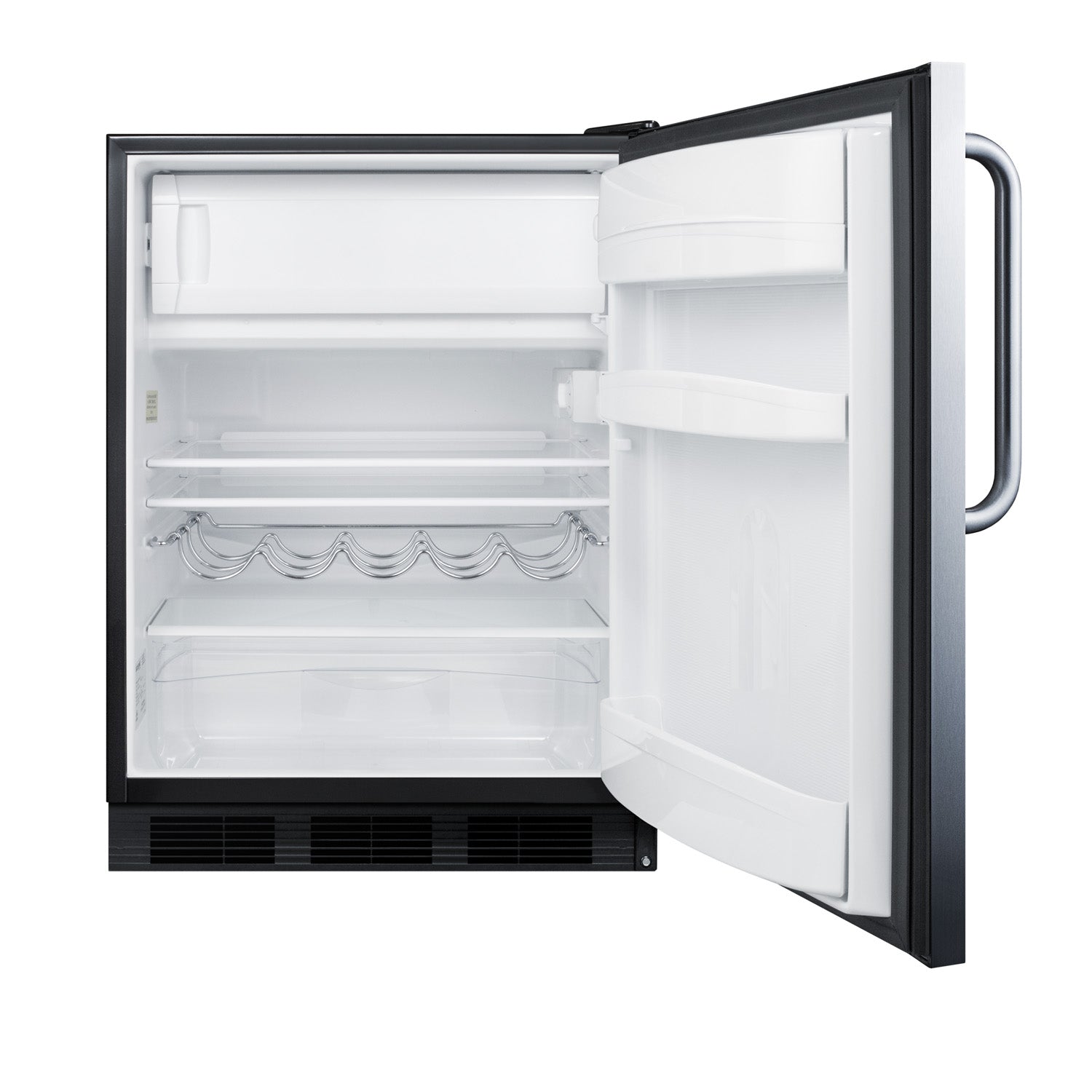Open undercounter refrigerator-freezer with white interior, wire shelving, and door bins for kitchen and appliance use.