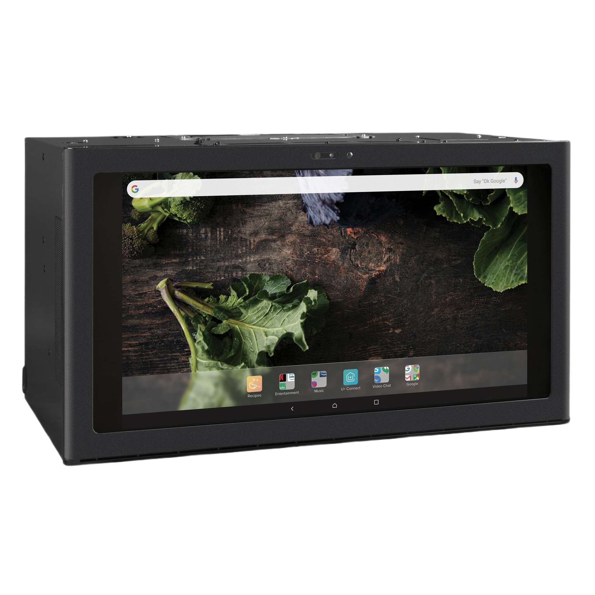 Black smart home kitchen hub with touchscreen showing vegetable wallpaper in Over the Range Hoods and Appliances collections