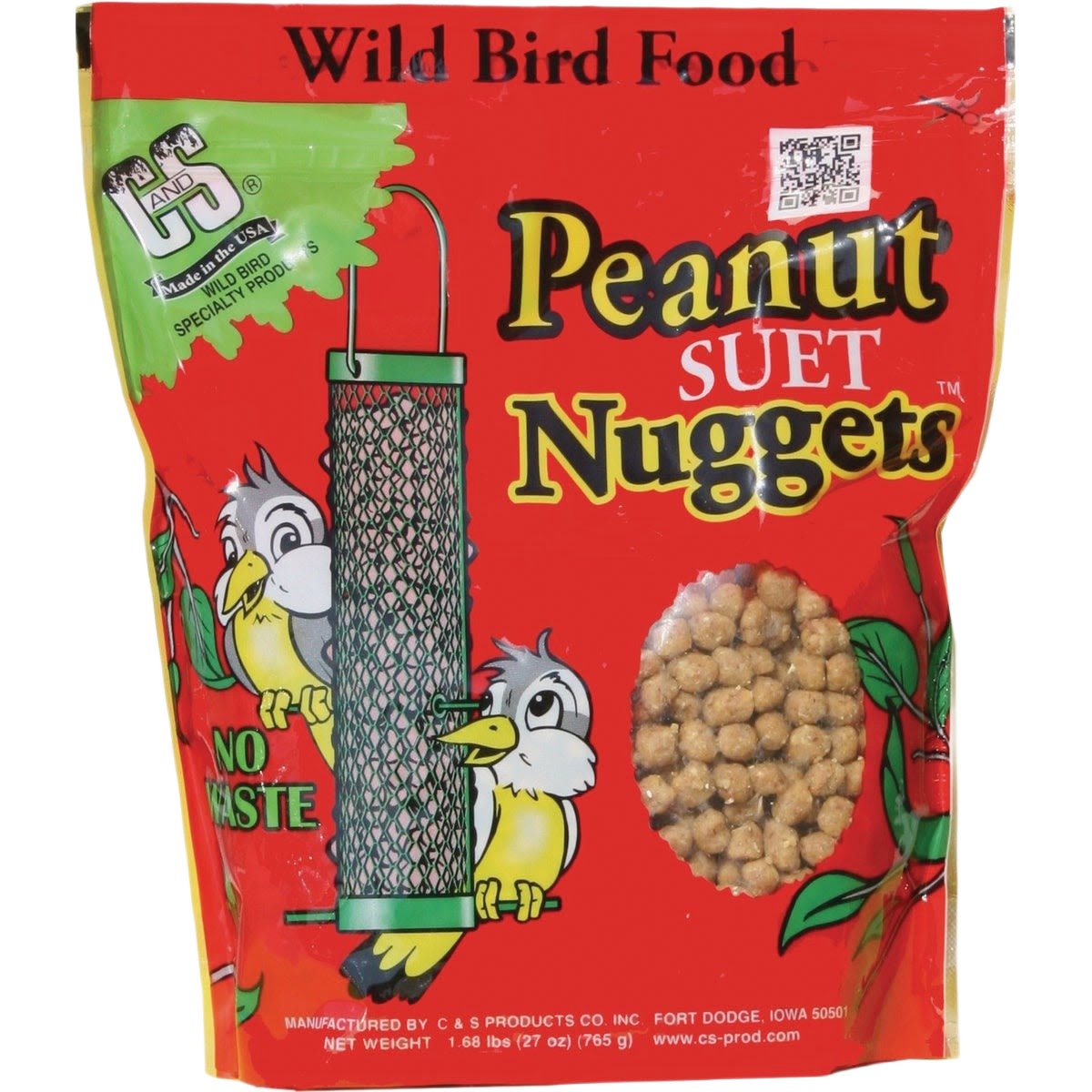 Red package of peanut suet nuggets wild bird food with illustrated birds and green suet feeder for outdoor use
