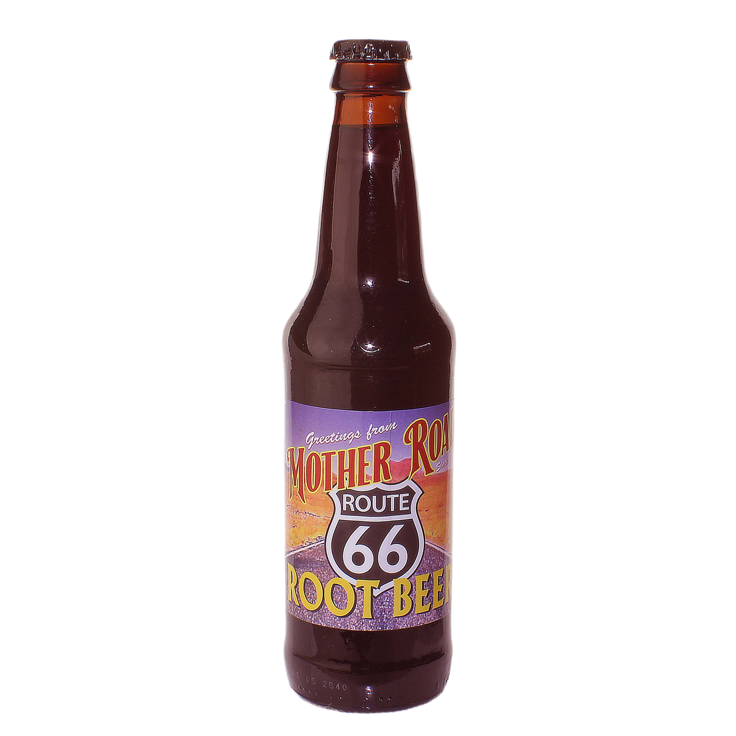Brown glass bottle of Mother Road Route 66 root beer with colorful vintage style label and sealed cap