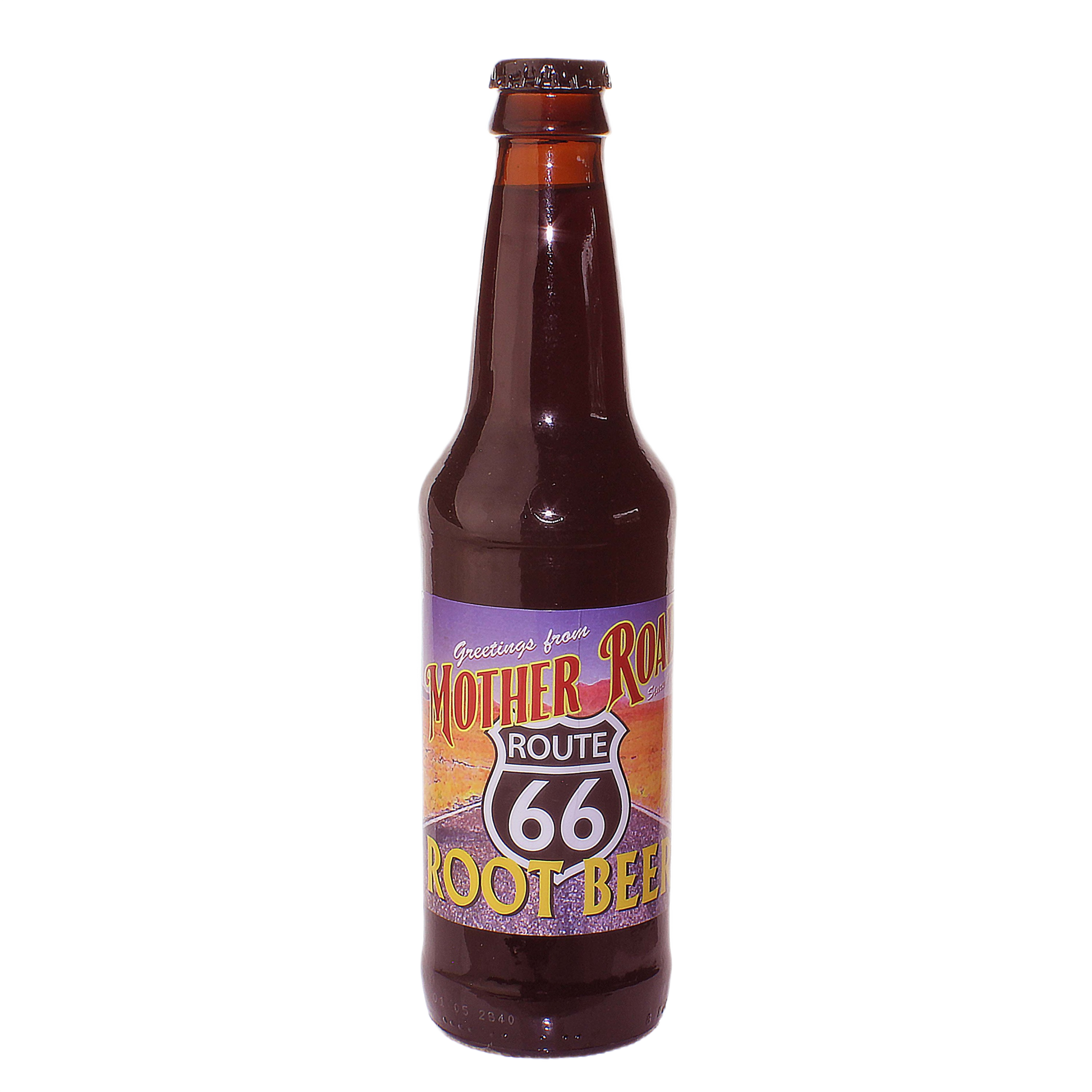 Brown glass bottle of Mother Road Route 66 root beer with colorful vintage style label and sealed cap