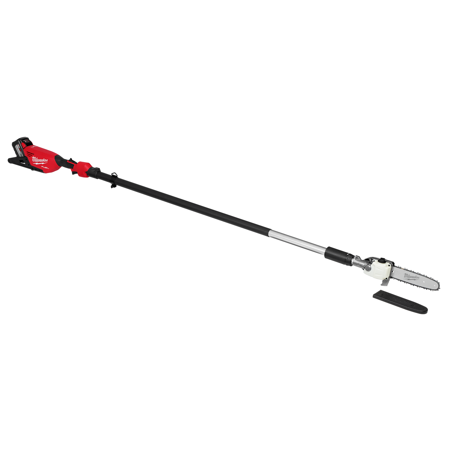 Red and black telescoping pole saw with electric motor and safety guard for outdoor power equipment and home improvement tasks