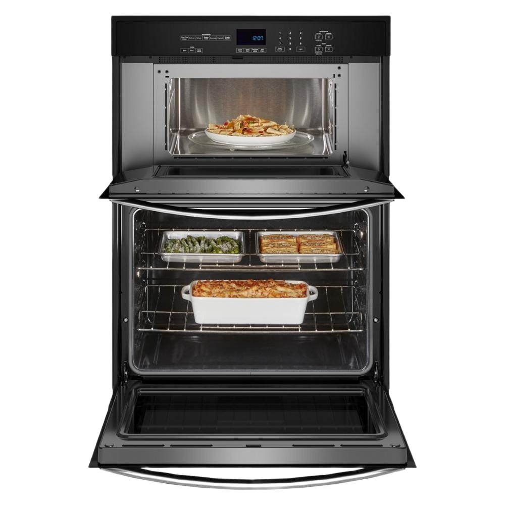 Open stainless steel combination microwave and wall oven with digital control panel, cooking multiple dishes, part of Kitchen & Kitchenware and Appliances collections.