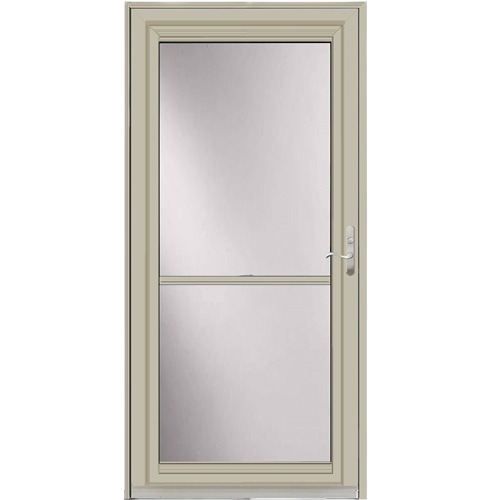 Full view of a sandstone storm door with screen vent and silver handle for home improvement use