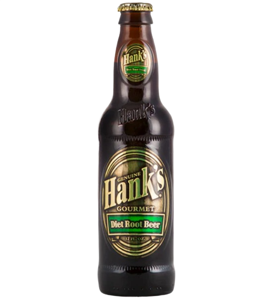 Dark glass bottle of Hank’s gourmet diet root beer with vintage-style green and gold label and cap