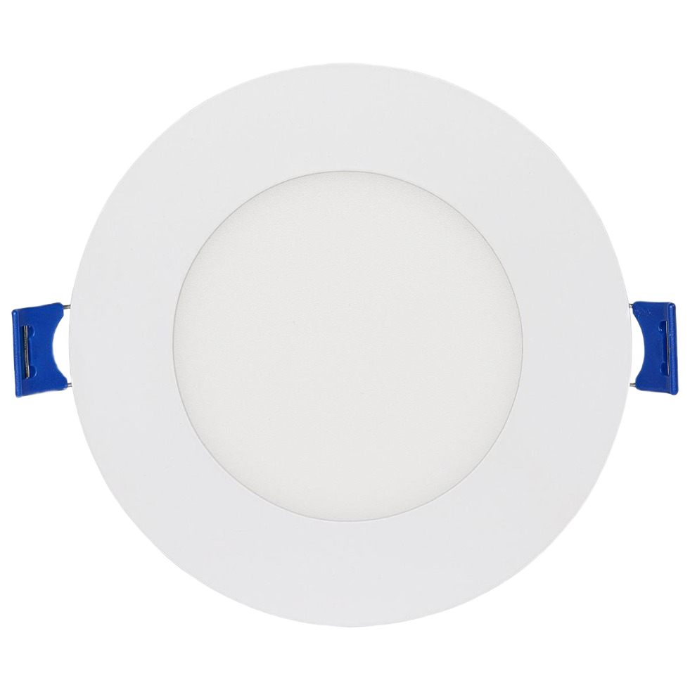 White round 4-inch LED starfish style downlight with blue mounting clips for lighting and electrical projects