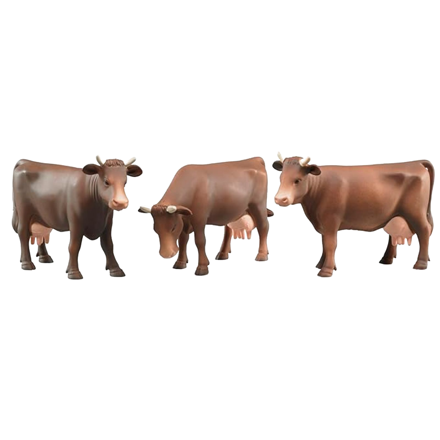Three brown toy cows in different head positions, made for Vehicles & Remote Controlled Toys and Bruder Toys collections