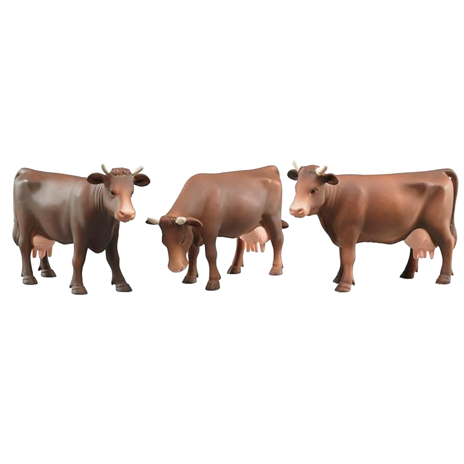 Three brown toy cows in different head positions, made for Vehicles & Remote Controlled Toys and Bruder Toys collections
