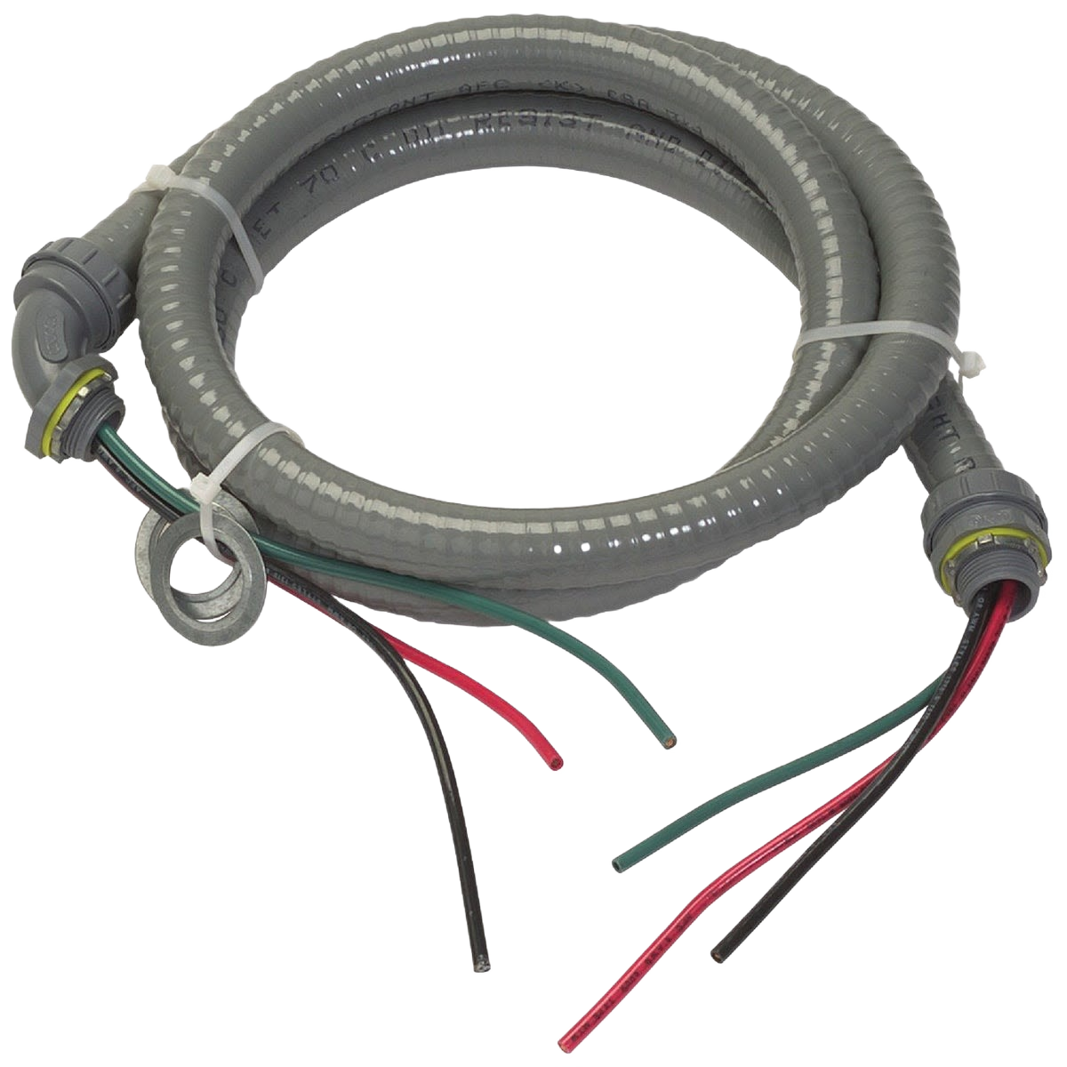 Flexible gray non-metallic pre-wired conduit whip with color-coded wires for electrical and home improvement uses