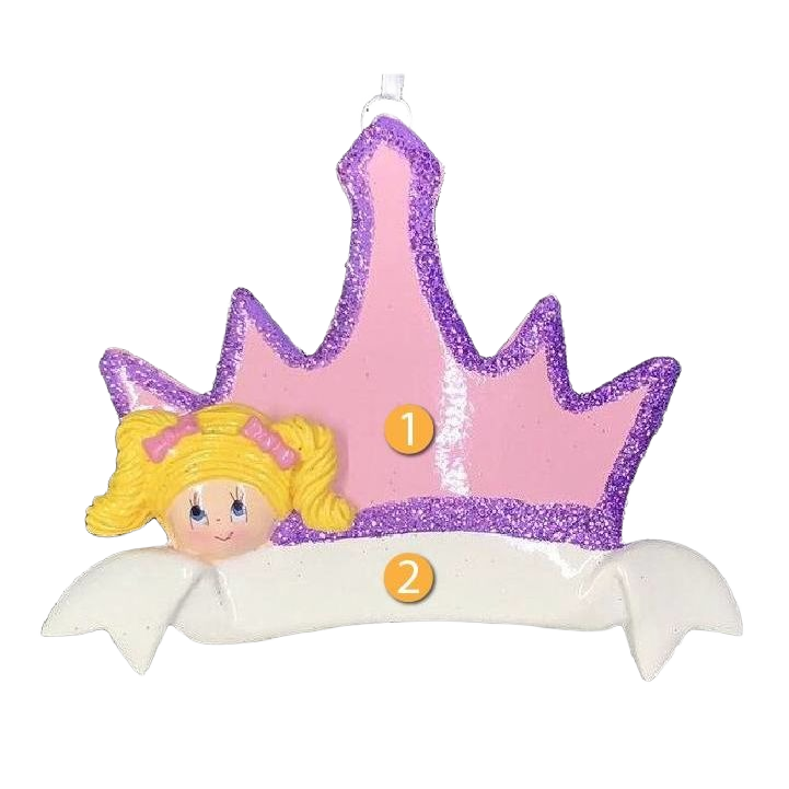 Blonde girl ornament with pink glitter crown and white banner for Christmas Ornaments & Tree Decorations under $50 collection