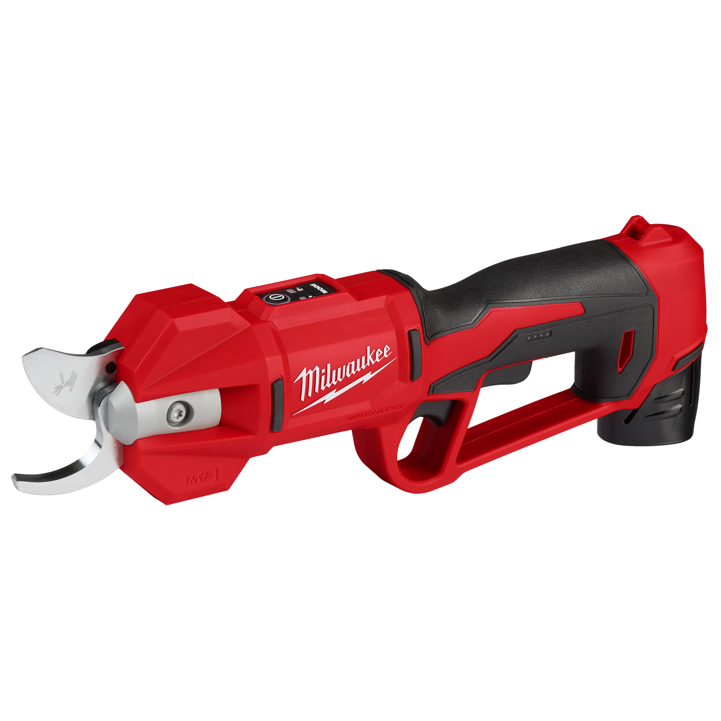 Cordless red and black pruning tool with brushless motor and ergonomic grip for efficient home improvement tasks