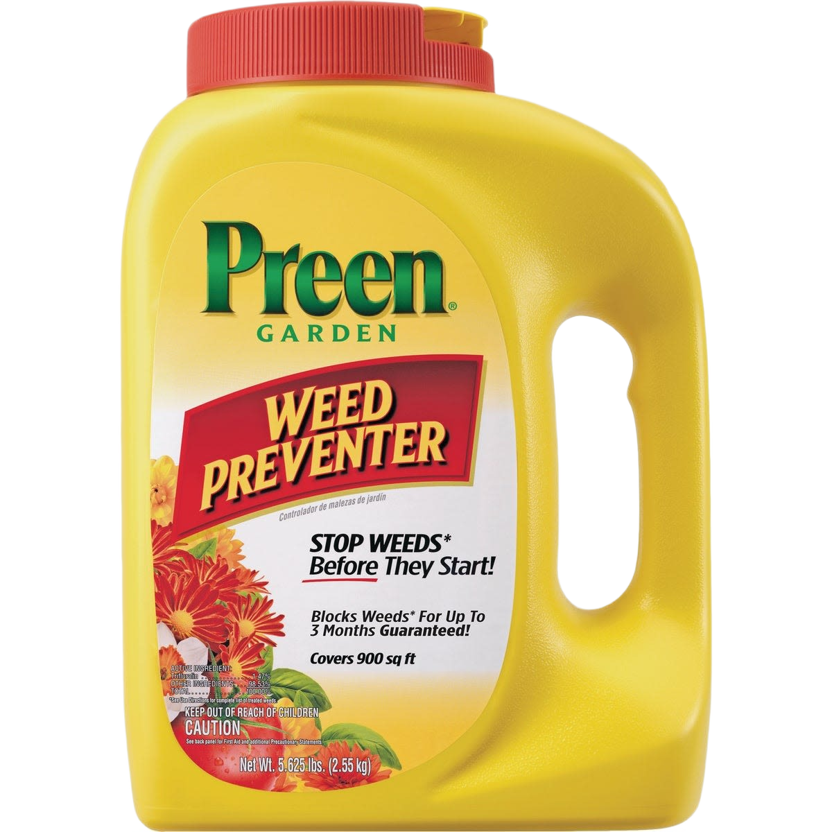 Yellow container of garden weed preventer granules for lawn care and gardening to help stop weed growth early