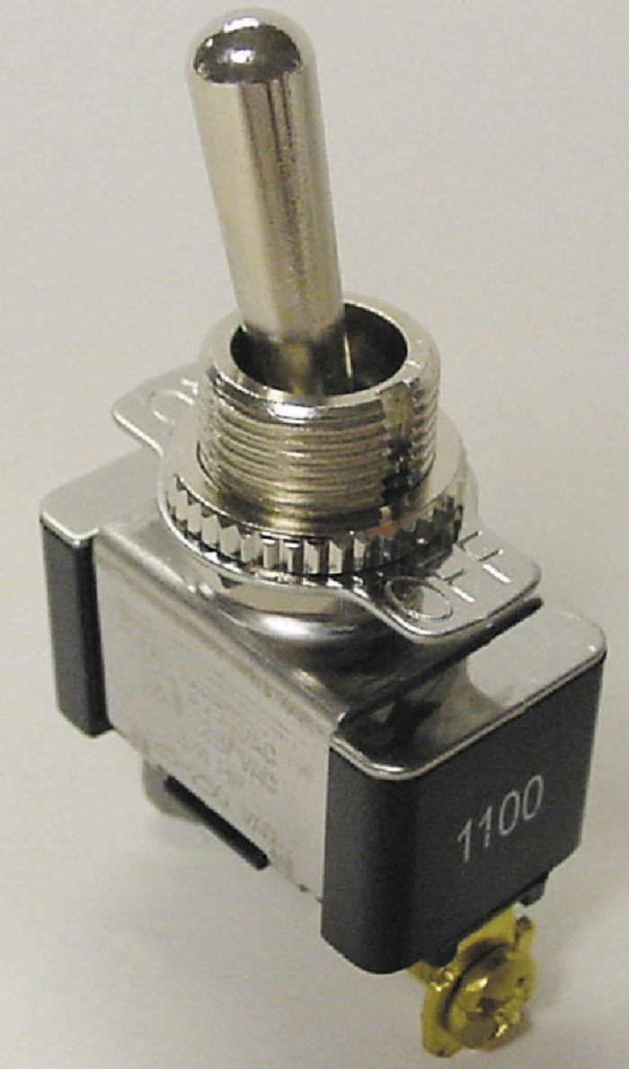 Close-up of metal 2-screw toggle switch with threaded mounting collar for home improvement tools and electrical use