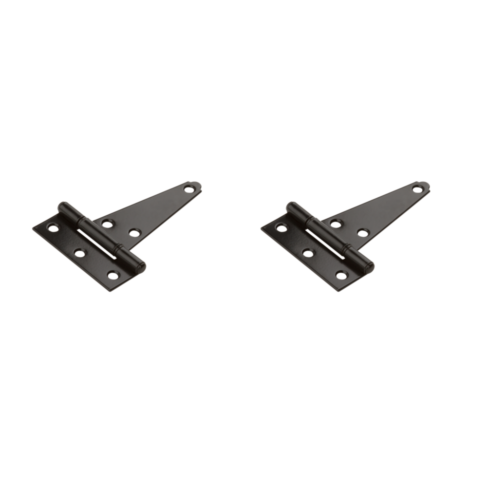 Two black heavy-duty 4-inch tee hinges with multiple mounting holes for door hardware and home improvement projects under $50