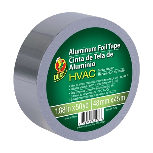 Roll of silver aluminum foil tape for HVAC metal repair and sealing ducts in home improvement projects