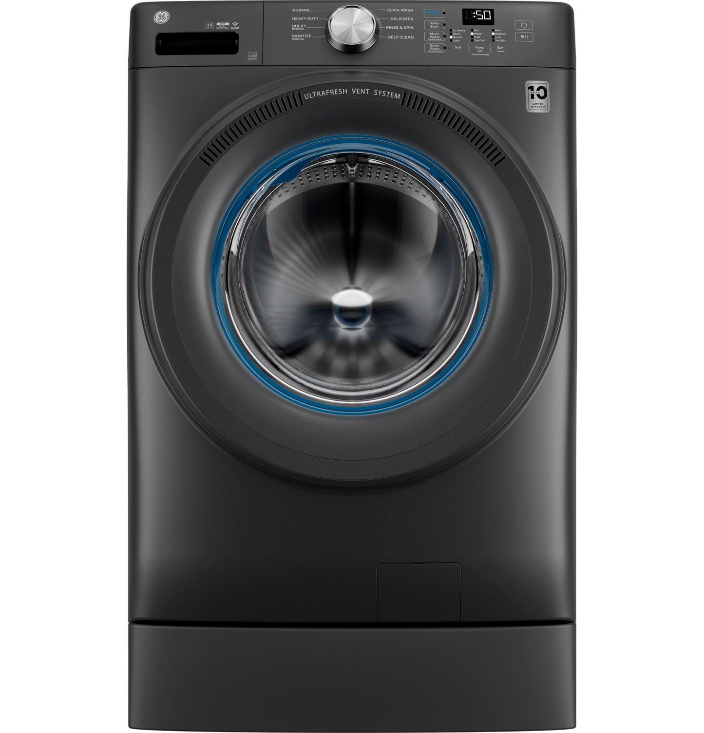 Dark gray front load washer on a 7-inch riser with digital controls in Appliance Parts & Accessories collection