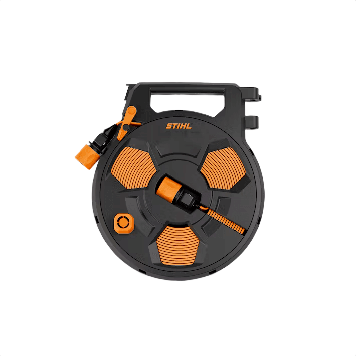 Compact black and orange hose cassette designed for efficient water management in tools and home improvement tasks