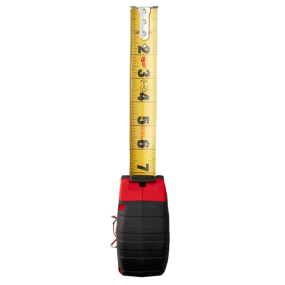 Black and red Milwaukee tape measure with yellow blade featuring wear-resistant EXO360 technology for woodworking tasks