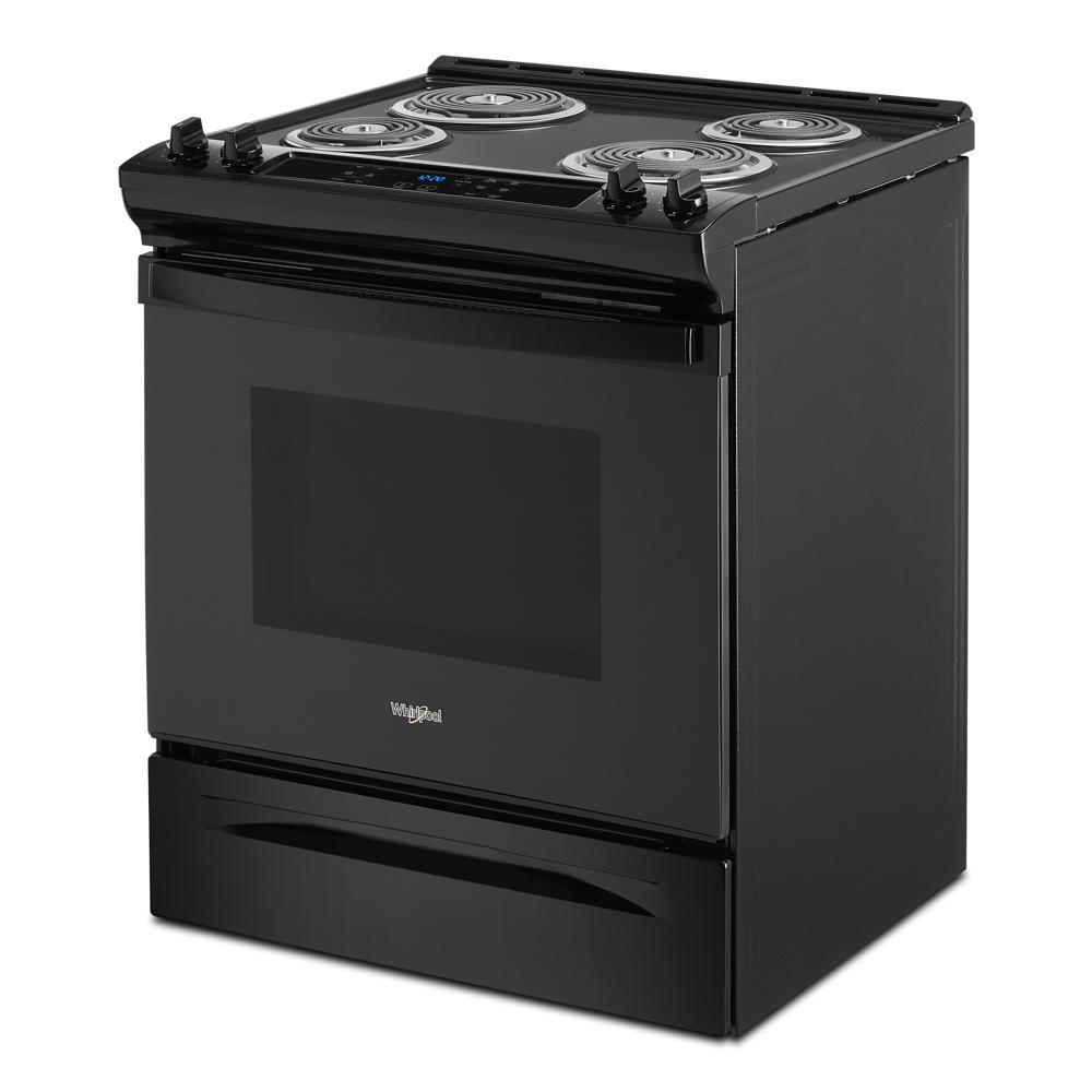 Black Whirlpool electric range with four coil burners and digital controls for kitchen appliances collection