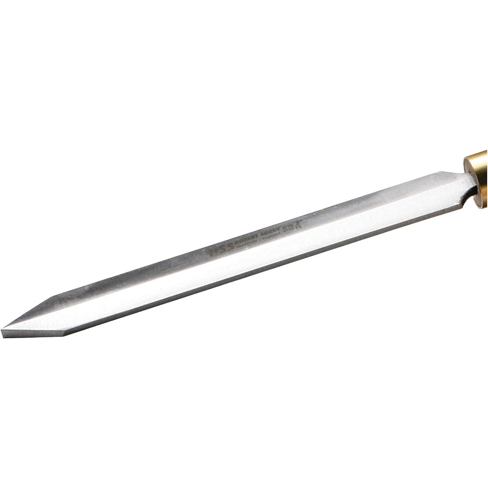 Close-up of a steel woodworking parting tool blade with a sharp edge, ideal for precise woodturning tasks.