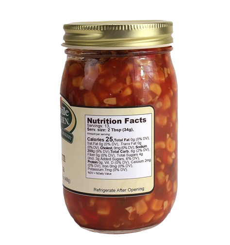 Glass jar of mildly sweet corn salsa with jalapeño, featuring nutrition facts label for food and beverage under $50 collection