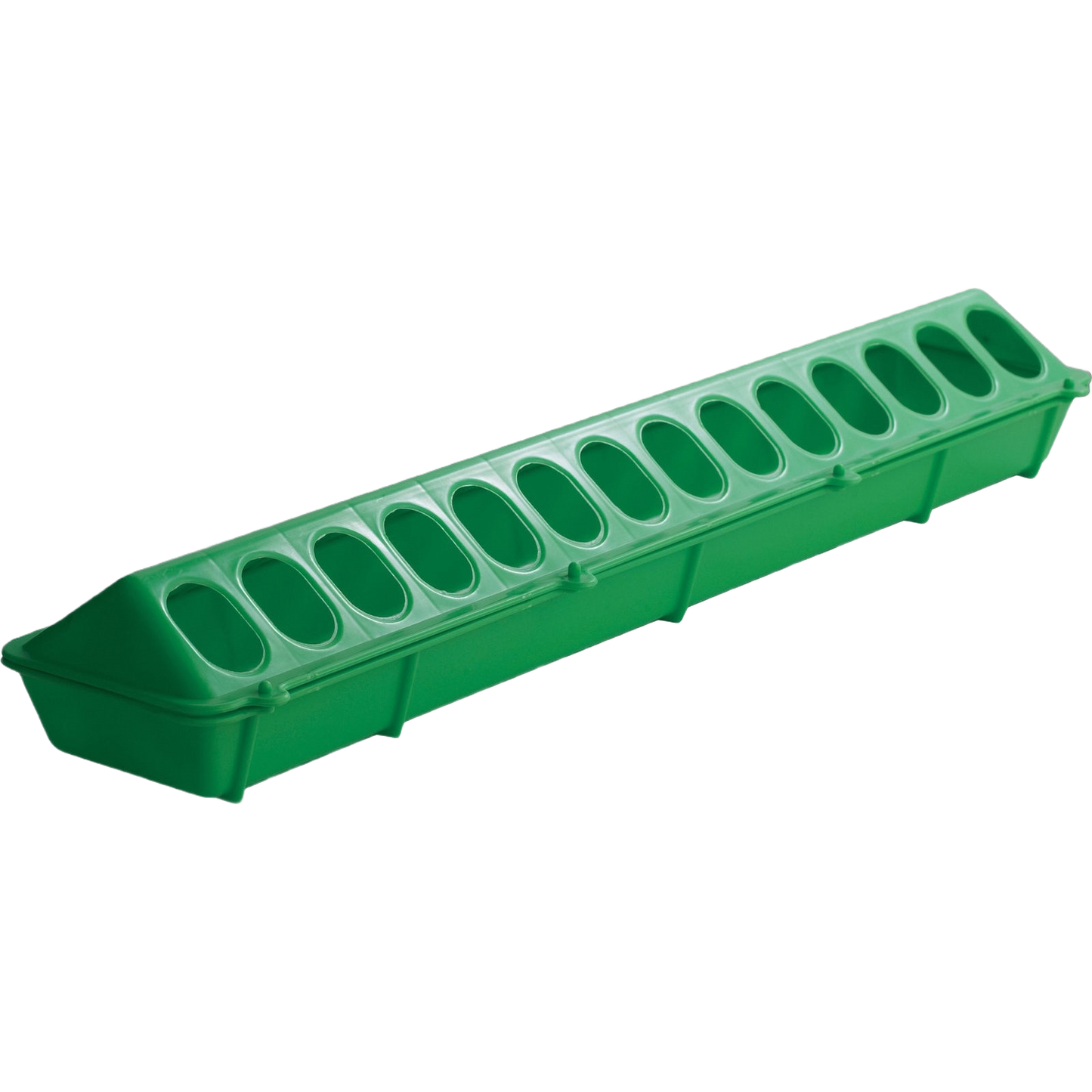 Green plastic flip-top poultry feeder with multiple compartments for farm and home improvement use