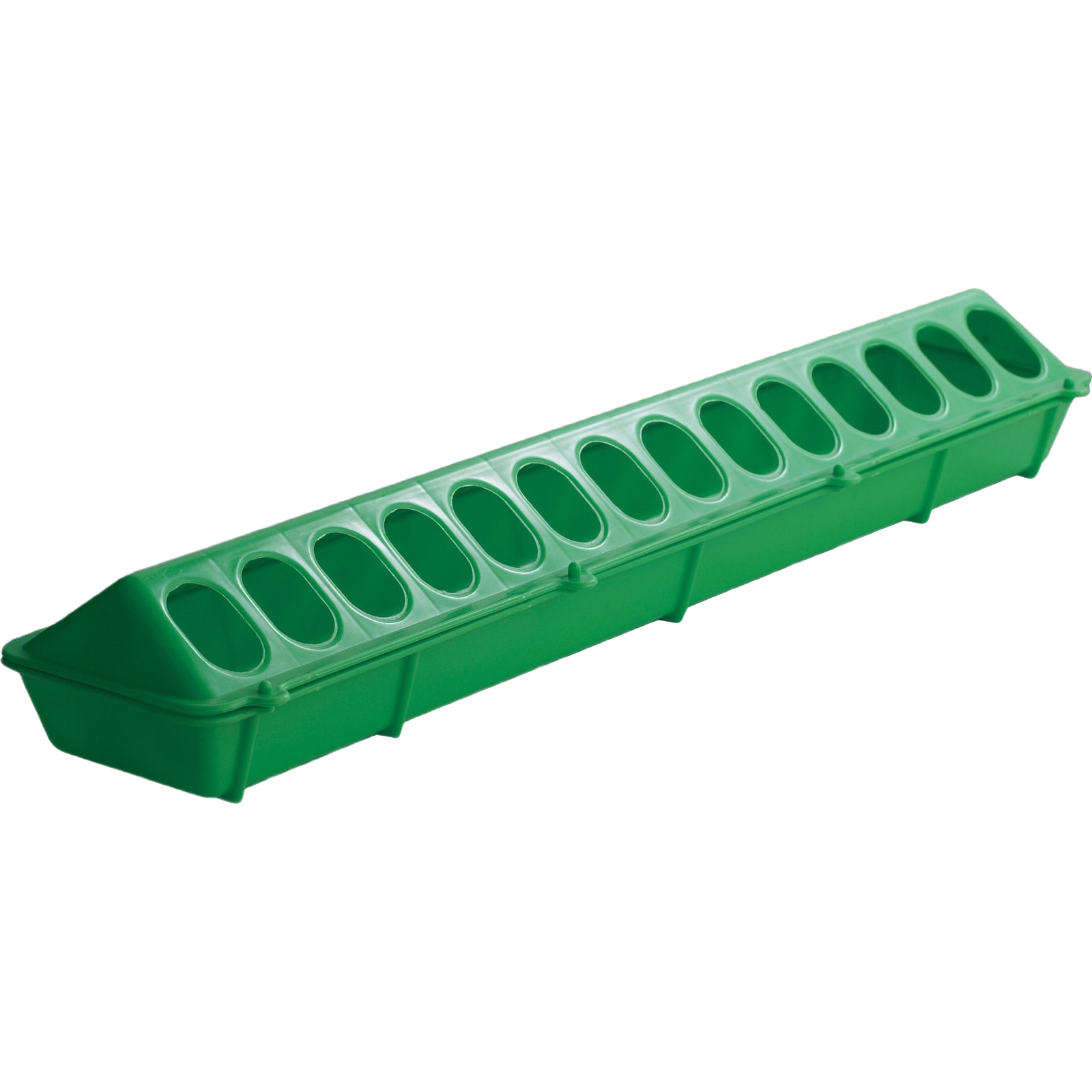 Green plastic flip-top poultry feeder with multiple compartments for farm and home improvement use