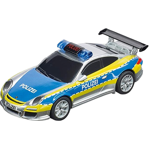 1:43 scale Porsche 911 Polizei slot car with blue and yellow police livery and rooftop light for racing enthusiasts