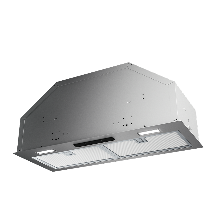 Under-cabinet stainless steel range hood insert with dual aluminum mesh filters and integrated LED lights for kitchen appliances collections
