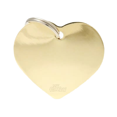 Large gold heart-shaped ID tag with smooth polished surface and small attachment ring for pet identification