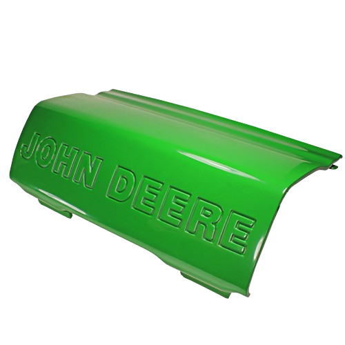 Green metal center front bumper with embossed John Deere logo for automotive and tractor parts collection