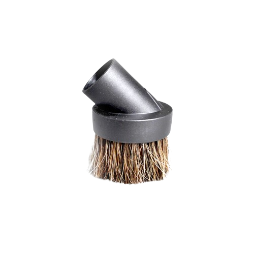 Round vacuum brush attachment with natural bristles and angled black plastic connector for dusting and cleaning tasks