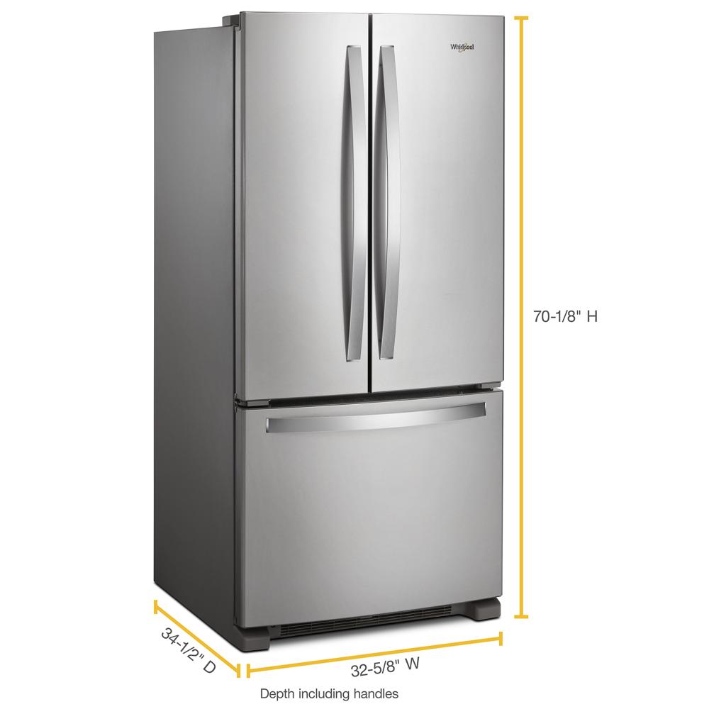 33-inch wide stainless steel French door refrigerator with bottom freezer, part of kitchen appliances collection