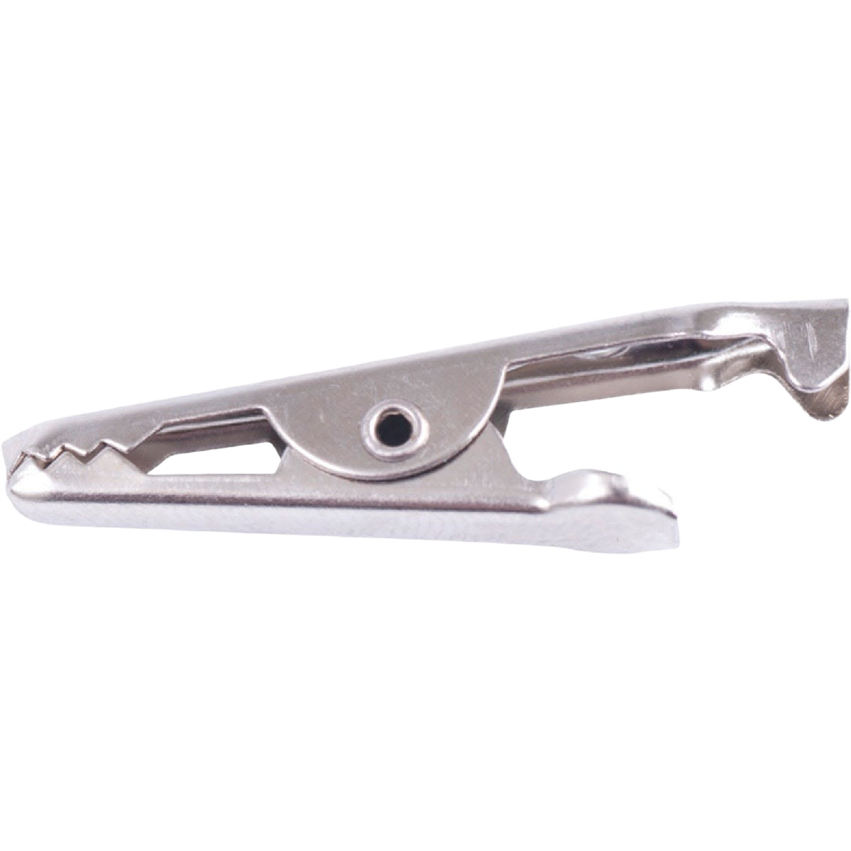 Small metal alligator clip with serrated jaws for gripping in tools and home improvement tasks