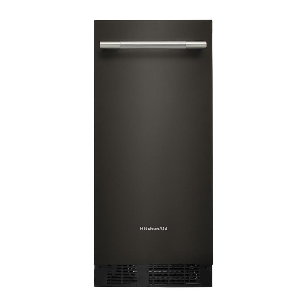 15" black built-in automatic ice maker with flush design and stainless steel handle in KitchenAid appliances collections
