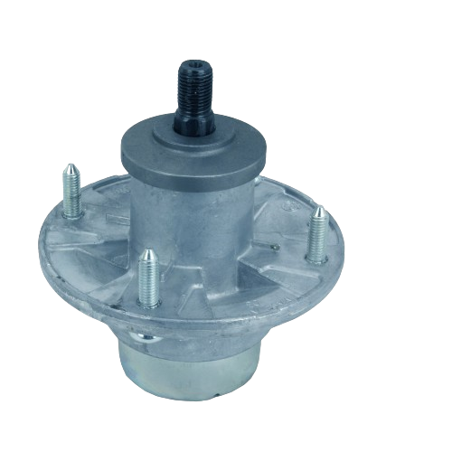 Metal mower deck blade spindle with threaded shaft and mounting studs for lawn equipment replacement parts