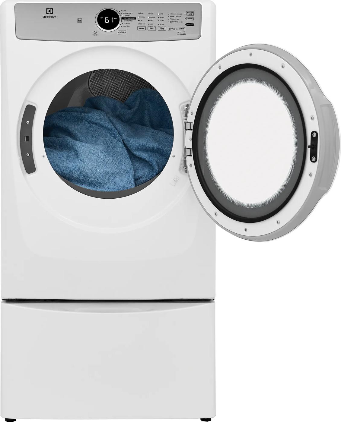White front load electric dryer with open door and blue fabric inside, part of washers and dryers and appliances collections
