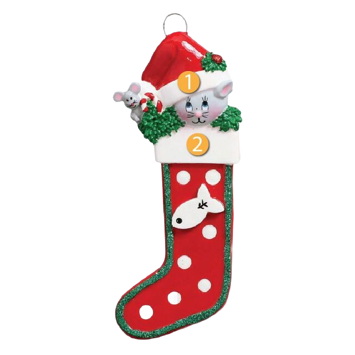 Red polka dot Christmas stocking ornament with white cat wearing Santa hat and holding candy cane under $50 collection