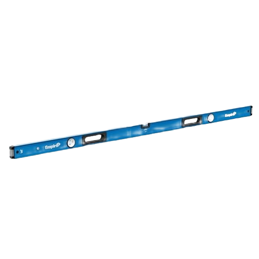 Blue aluminum box level with reinforced vial lock system and shock-absorbing end caps for woodworking and measuring tools