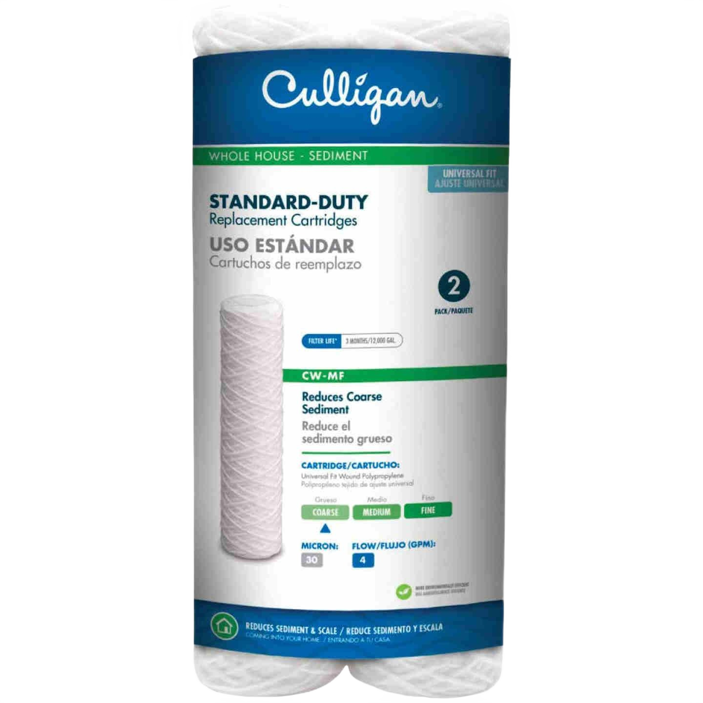 Two white standard-duty sediment filter cartridges for whole house water filtration systems in home improvement use