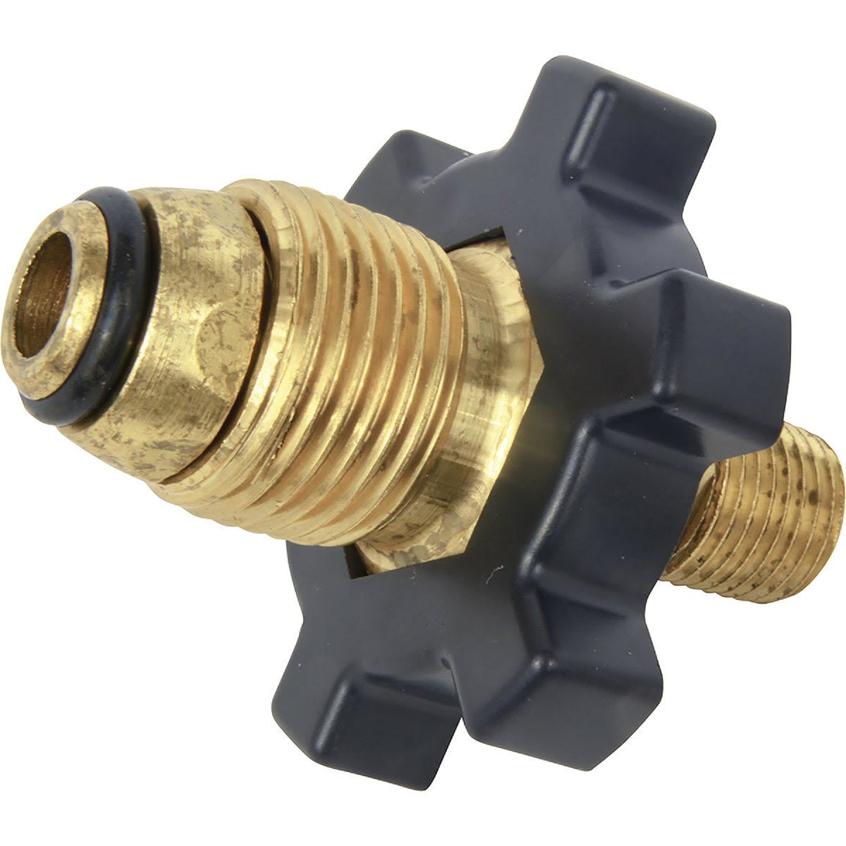 Brass male excess flow regulator with black plastic knob for LP gas control in home improvement tools