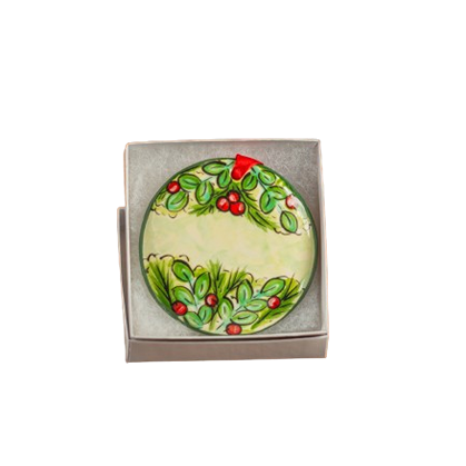 Hand-painted ceramic wreath ornament with holly leaves and berries in Christmas Ornaments & Tree Decorations collection