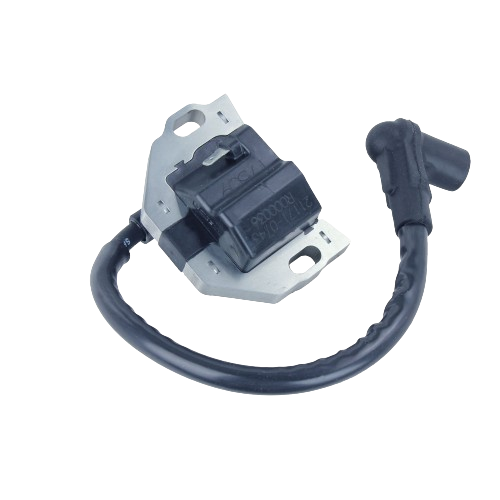 Black field winding coil with metal mounting bracket and attached insulated wire for automotive engine parts and accessories