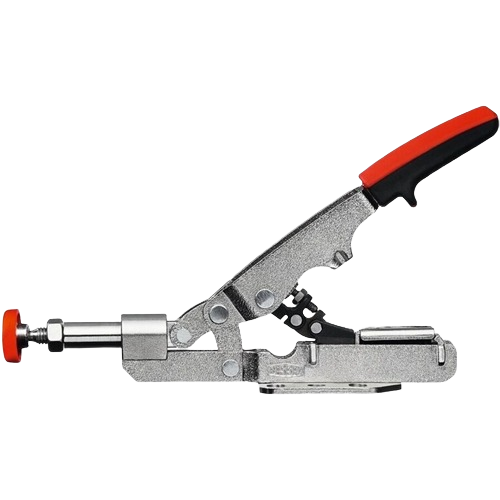 Horizontal toggle clamp with red and black handle for securing materials in tools and home improvement projects